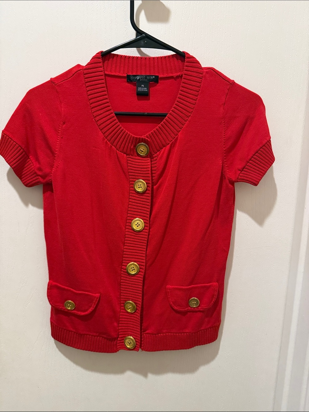 august silk Red Short-Sleeve Button Cardigan with Gold Buttons